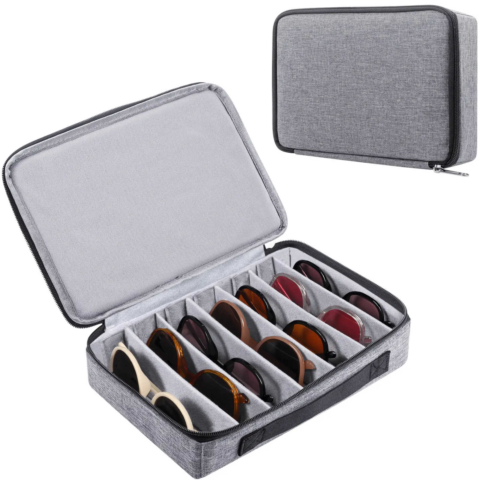 Hard-Shell Portable Sunglasses Organizer - 7-Pair Plush Velvet Lined Glasses Storage, Adjustable Dividers, Multi-Compartment Transparent Slots, Fully Customizable Layout for Carry-On Luggage, Travel Ready, Eye Glass Holder