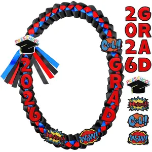 Graduation Leis Class of 2026 Preschool Graduation Gift 47 inches Ribbon Double Braided Necklace with Graduation Cap 2026 GRAD Patches Handmade Leis for School Students Teachers Boys Girls Graduation Ceremony Supplies
