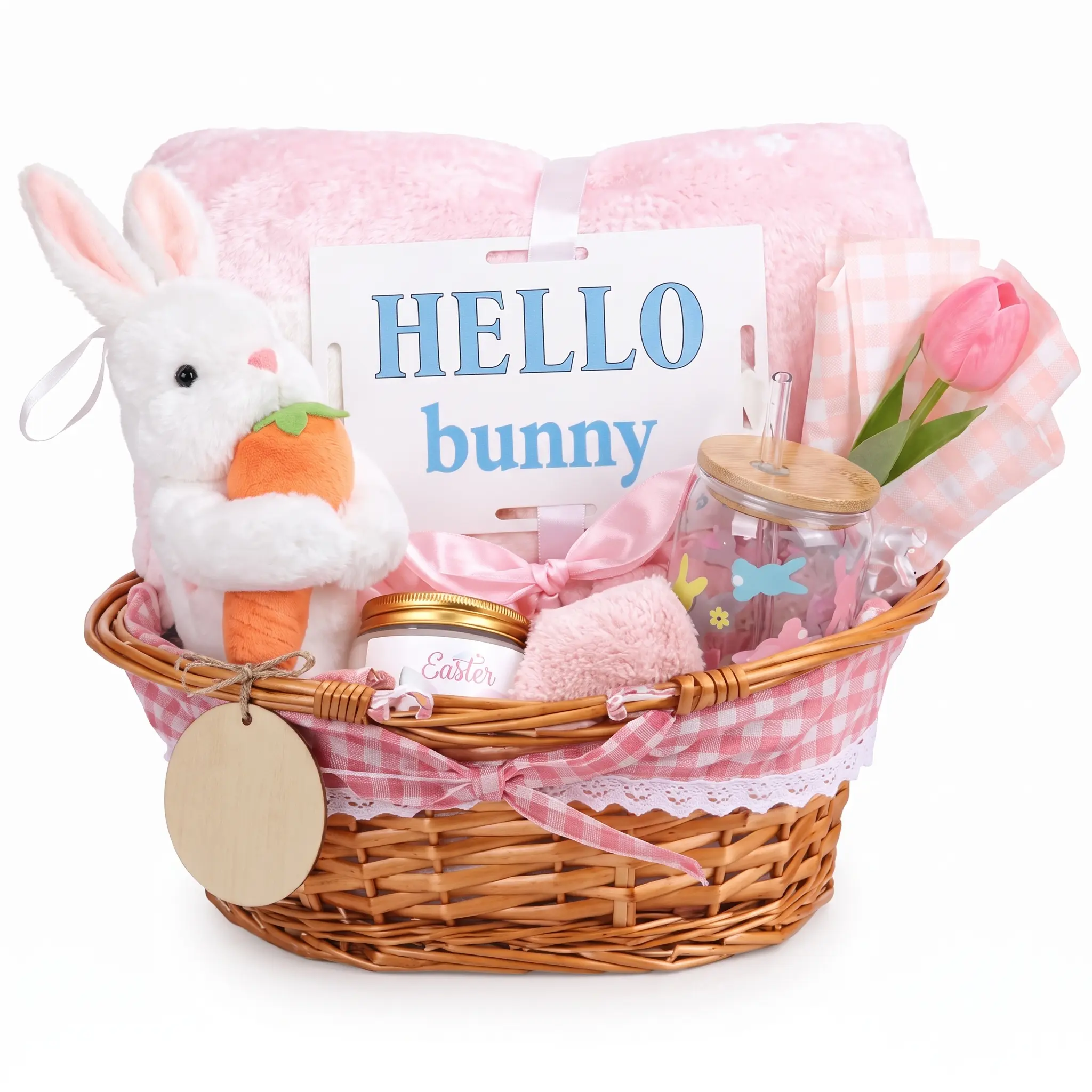 Easter Gifts Set for Women Pink Basket Gift Prefilled Easter Basket Stuffers with Throw Blanket Bunny Eggs Wicker Basket Tumbler Bunny Plush Tulip Bouquet Scented Candle Card for Friends Sister Girls Girlfriend Daughter