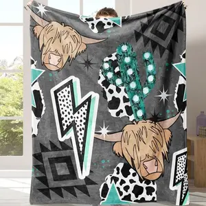 Lightning & Cow Pattern Flannel Blanket, 1 Count Soft Comfortable Warm Throw Blanket, Bedding Supplies for Home Office Travel Camping summerwins