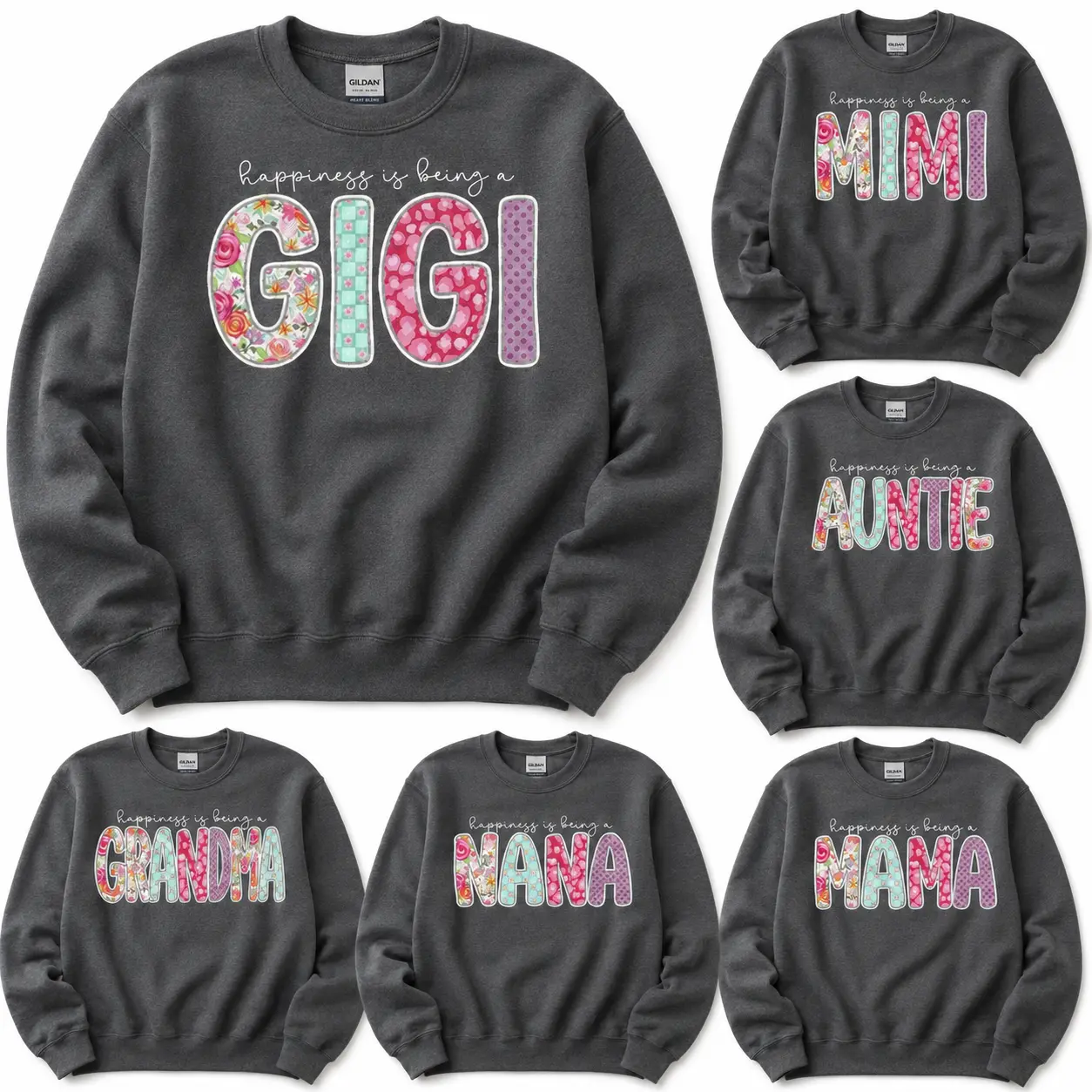 Custom Gigi Mimi Auntie Grandma Nana Mama Sweatshirt, Personalized Floral Family Name Crewneck, Happiness Is Being A... Shirt, Mother's Day Gift for Mom Grandma Aunt, Cute Gildan Pullover - JACKSON HOAI STORE