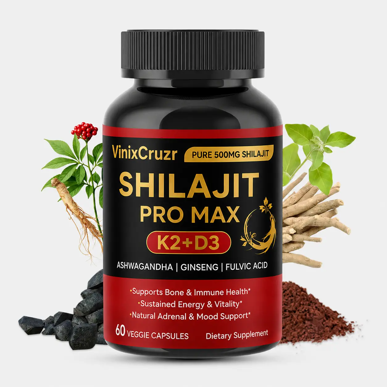 VinixCruzr | Optimal*Shilajit PRO MAX with K2 & D3 - 60 Capsules - Premium Fulvic Acid & 84+ Minerals for Immune Support, Energy & Anti-Aging