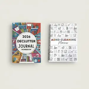 2026 ADHD Cleaning & Organization Tool Kit Bundle, 2pcs Paper Notebooks with Multi-Color and White Covers, Weekly Monthly Annual Cleaning Checklists and Chore Planners