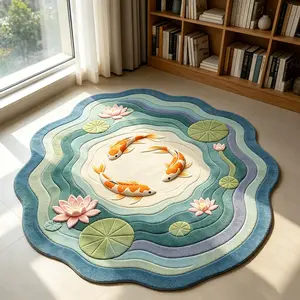 2D Painting New Chinese Style Lotus Koi Rug, Anti-Slip Washable Decorative Carpet, Perfect Gift for Bedroom Living Room, Floral Area Rug, Non Slip Rug