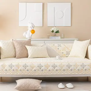 Boho Geometric Cotton Sofa Slipcover - Non-Slip, Washable Couch Cover Protector for Pets & Youngsters, Beige & Golden Floral Pattern, Fits Single or Double Seat Sofas, Contemporary Style, Couch Cover for Dogs