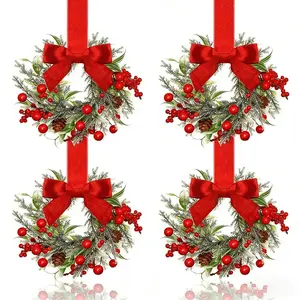 4 Pcs Christmas Mini Cabinet Wreaths, Christmas Ornaments, Berry Ribbon Bow Window Decorations, Festive Kitchen Party Decoration, Universal Setting