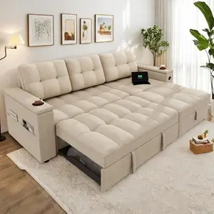 YITAHOME L-Shaped Sofa Couch, Sleeper Sofa with USB Ports, Pull Out Couch, Sectional Bed with Hidden Storage, 84 inches 3 Seat L-Shaped for Small Apartment, Living Room Gray, Beige