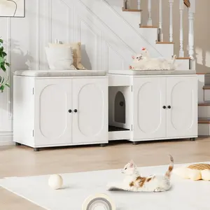 [FLASH SALE] Garvee Cat Litter Box Enclosure, 55.1" Double Litter Box Furniture Large Cat Box Enclosure Kitty Litter Box for 2 Cats Hidden Cat Litter Cabinet Double Cage with Cat Litter Pad, White | Oval