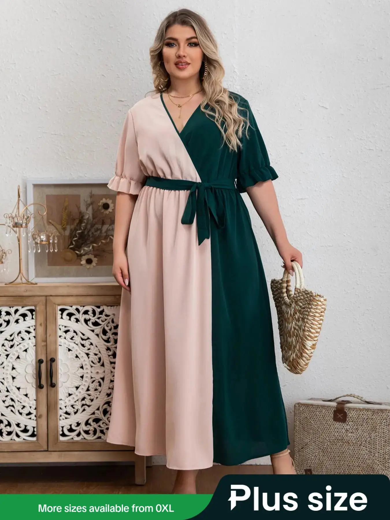 Plus Colorblock V Neck Flounce Sleeve Belted Dress, Summer Clothes Women, Elegant Half Sleeve A Line Long Dress for Summer, Women's Clothes for Vacati