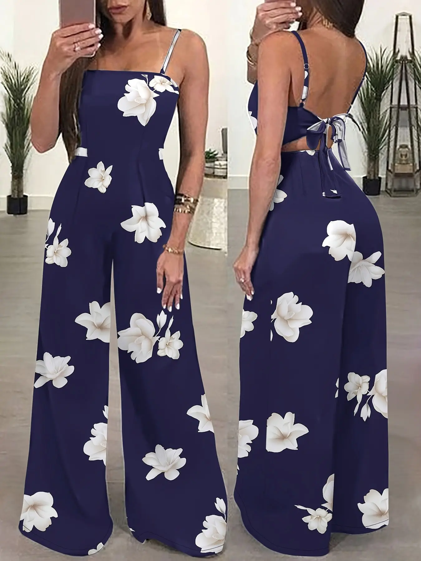 1 Piece Floral Print Cami Sleeveless Backless Tie Wide Leg Jumpsuit, Bohemian Chic Boho Vacation Style Slim Fit Romper