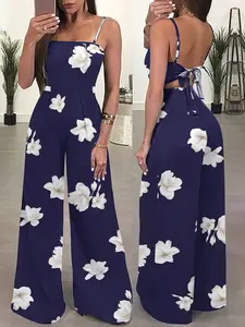 1 Piece Floral Print Cami Backless Tie Wide Leg Jumpsuit, Vacation Style Slim Romper