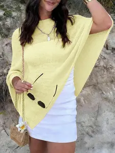 Women's Summer Sheer Knit Hoodie, Boho Style Short Sleeve Off-Shoulder Top, Layered Tank Atmosphere Dressing, Loose-Fitting Pullover Sweater