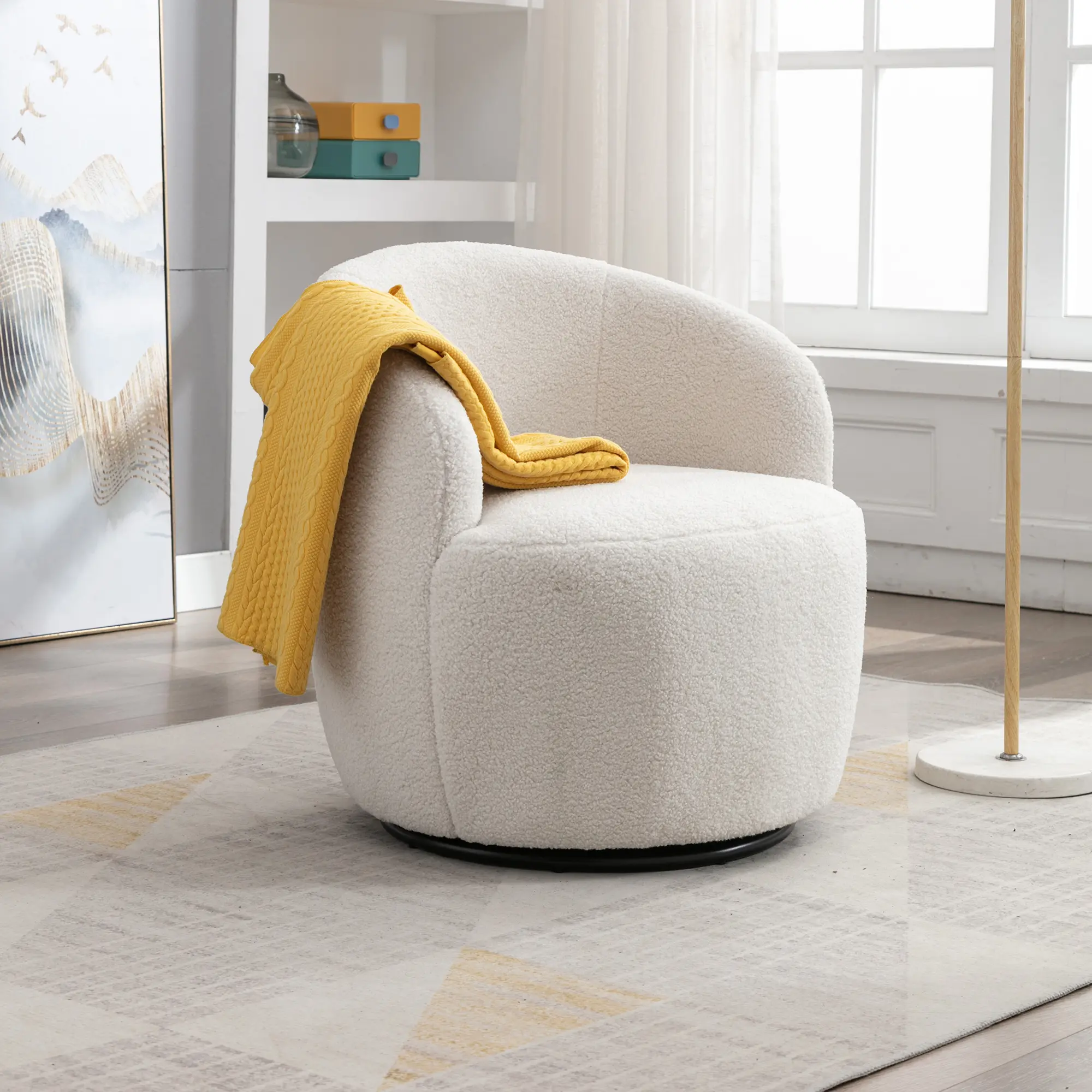 Swivel Barrel Chair with Teddy Fabric, Swivel Accent Chair, Comfy Sherpa Round Accent Chair, Swivel Club Armchair for Nursery Living Room Bedroom (Ivory)