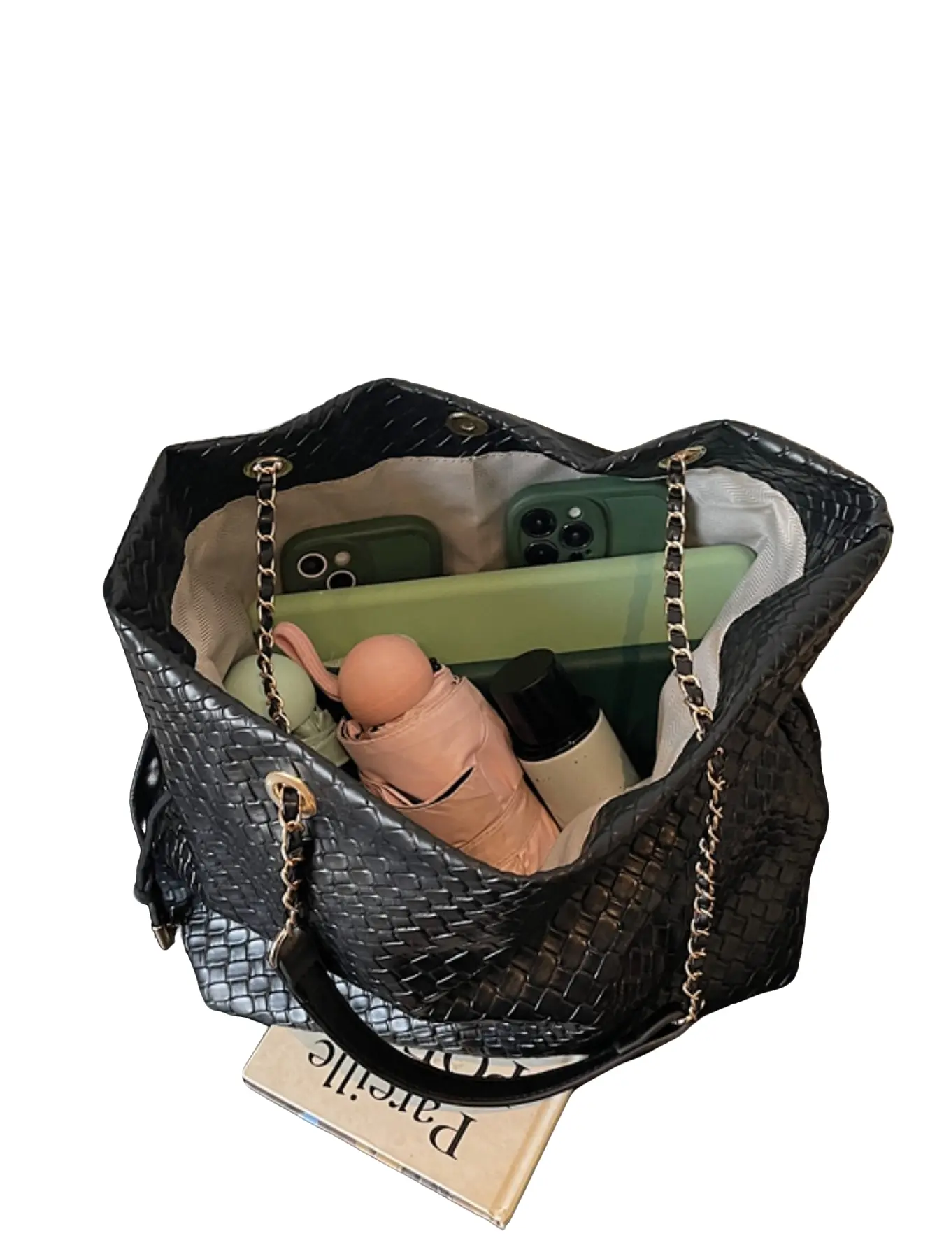 Waterproof Anti-Dirt Woven Bag, Large Capacity Snap Closure Totem, Chain Strap Casual Shoulder Bag, Rain-Proof and Dirt-Resistant, Essential for Commute and Travel