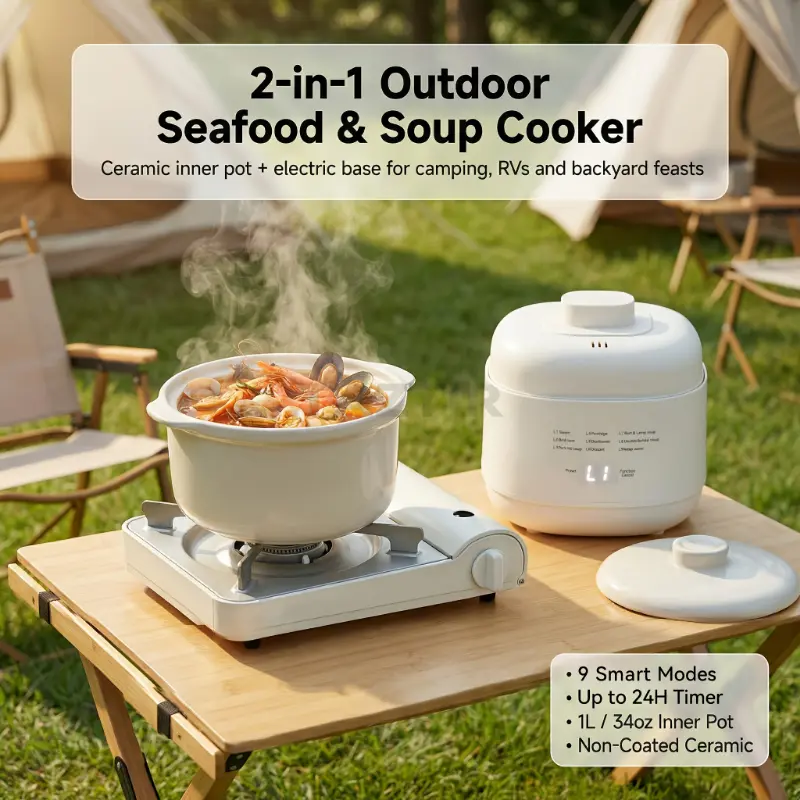 Outdoor Ceramic Cooking Pot with Wide Handle, 2-in-1 Seafood & Soup Pot, Zero-Coating Natural Ceramic, Designed for Double Boiling, Compatible with Gas, Induction & Microwave, for Camping & RV Cooking