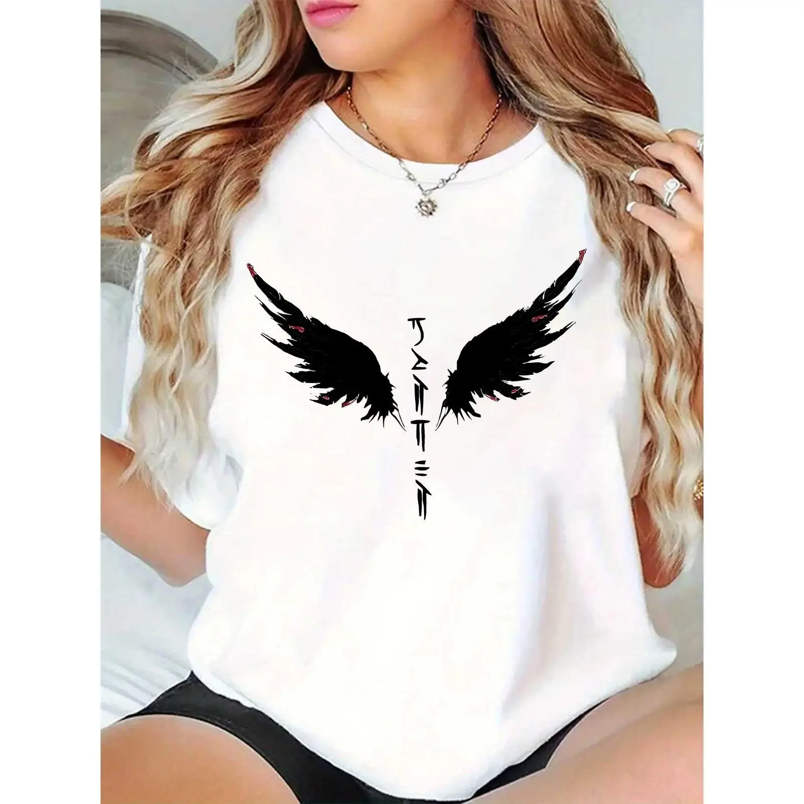 Women's Gothic Raven Graphic T-Shirt, 100% Cotton Shortsleeve Feminine Basic Tee for All-Day Casual Wear with Skirts, Ladies, Comfortable, Prints