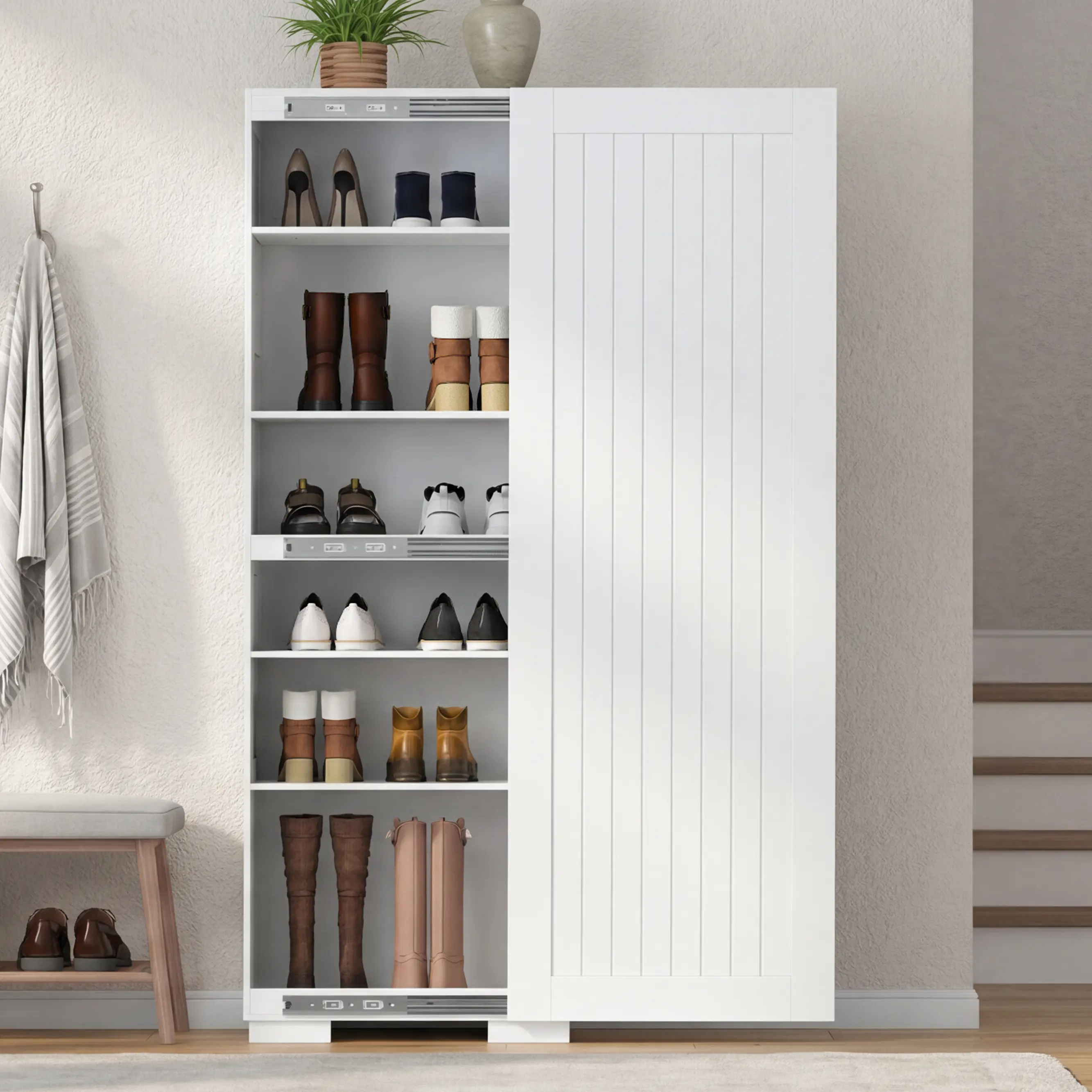 Gyfimoie 67" Tall Shoe Storage Cabinet, Narrow Shoe Organizer Cabinet with Doors,Tall Shoes Cabinet with Adjustable Shelves, Freestanding Shoe Rack Cabinet with Hooks, Morden Shoe Storage Cabinet