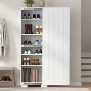 67" Tall Shoe Storage Cabinet, Narrow Shoe Organizer Cabinet with Doors,Tall Shoes Cabinet with Adjustable Shelves, Freestanding Shoe Rack Cabinet with Hooks, Morden Shoe Storage Cabinet