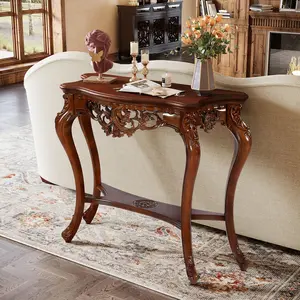 TRIBEWOOD Antique Console Table, 38 Inch Victorian Half Moon Sofa Table with Hollow Floral Apron and Cabriole Legs, Vintage Traditional Decorative Furniture Tables for Entryway, Hallway, Living Room