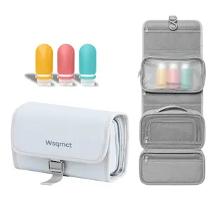 Wsqmct Hanging Travel Toiletry Bag, Waterproof Travel Bag for Toiletries Makeup Cosmetic Bag Organizer for Women Traveling Bathroom Shower, with 3 Silicone Travel Bottles