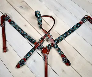 Teal White and Black Beaded Silver Concho Tack Set