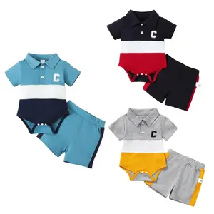 Ready Stock Baby Boys Summer Outfits Newborn Boys Clothes "C" Print Splice Turn-down Collar Romper Summer Elastic Shorts 2Pcs Clothes Set Blue G212211454 toddler