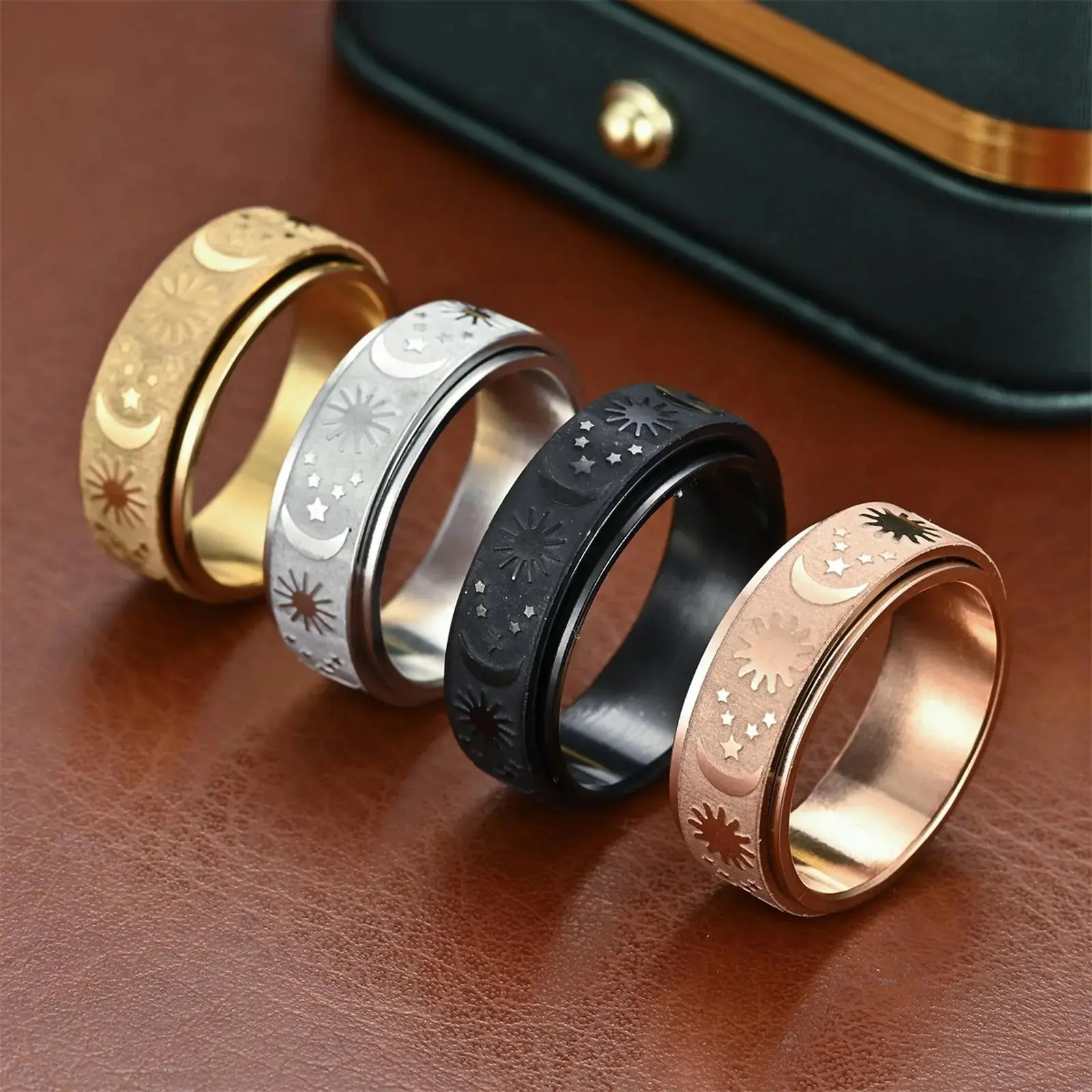 360-Degree Rotatable Star-Moon-Sun Artificial Gemstone Ring, Retro Scrolling Stackable Ring for Stress Relief, Ideal Birthday Gift Jewelry Accessory, Rings, Scrolling Ring