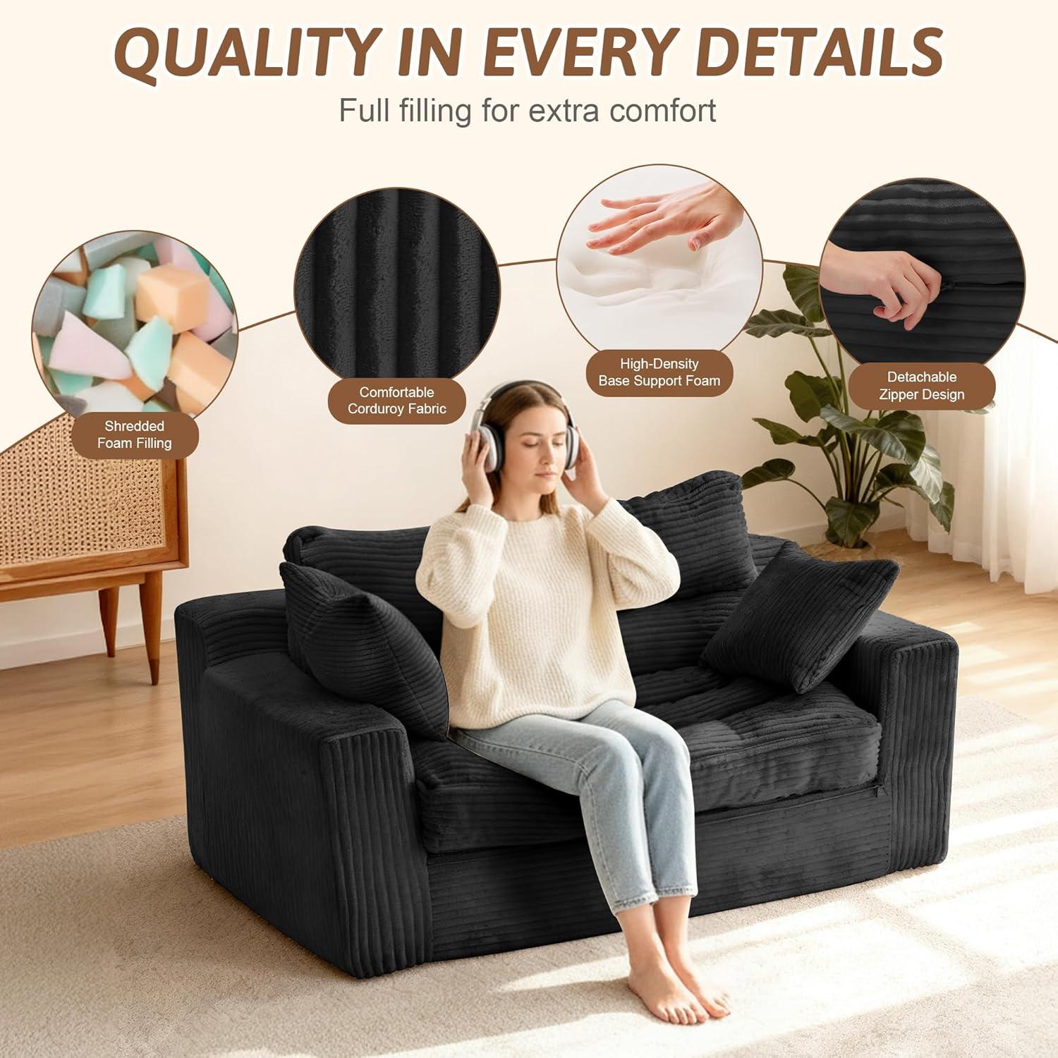 Winzoo Convertible Sofa Bed, Pull Out Boneless Couch Loveseat Floor Sofa Bed with Pillows, 2-Seater Folding Sofa Loveseat Boneless Couch for Living Room, Bedroom, Apartment, Office(Grey)