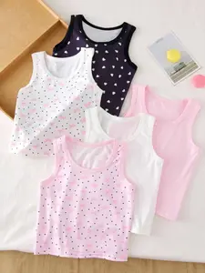 5-pack Girls' Knitted Polka Dot Bow Print Sleeveless Vest Tops, Cute Bow Detail, Polka Dot Pattern Tops, Fashionable and Versatile, Cute Outfit, Machine Washable and Dry Cleanable, Children's Clothing
