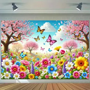 1pc Vibrant Spring Flower Meadow Polyester Photography Backdrop - Cherry Blossom & Butterfly Scene, Ideal for Indoor/Outdoor Party Decor, Studio Props, Birthday & Holiday Celebrations, Event Backd