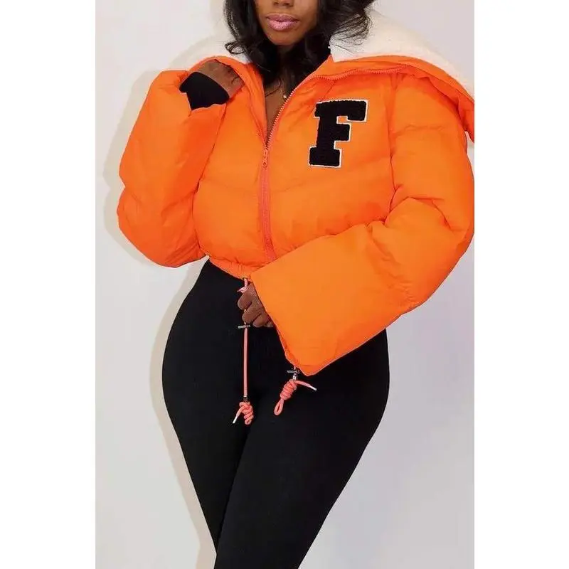 Embroidery Zip Up Puffer Jacket Casual Womenswear Fit Zipper Comfortable Coats Tops