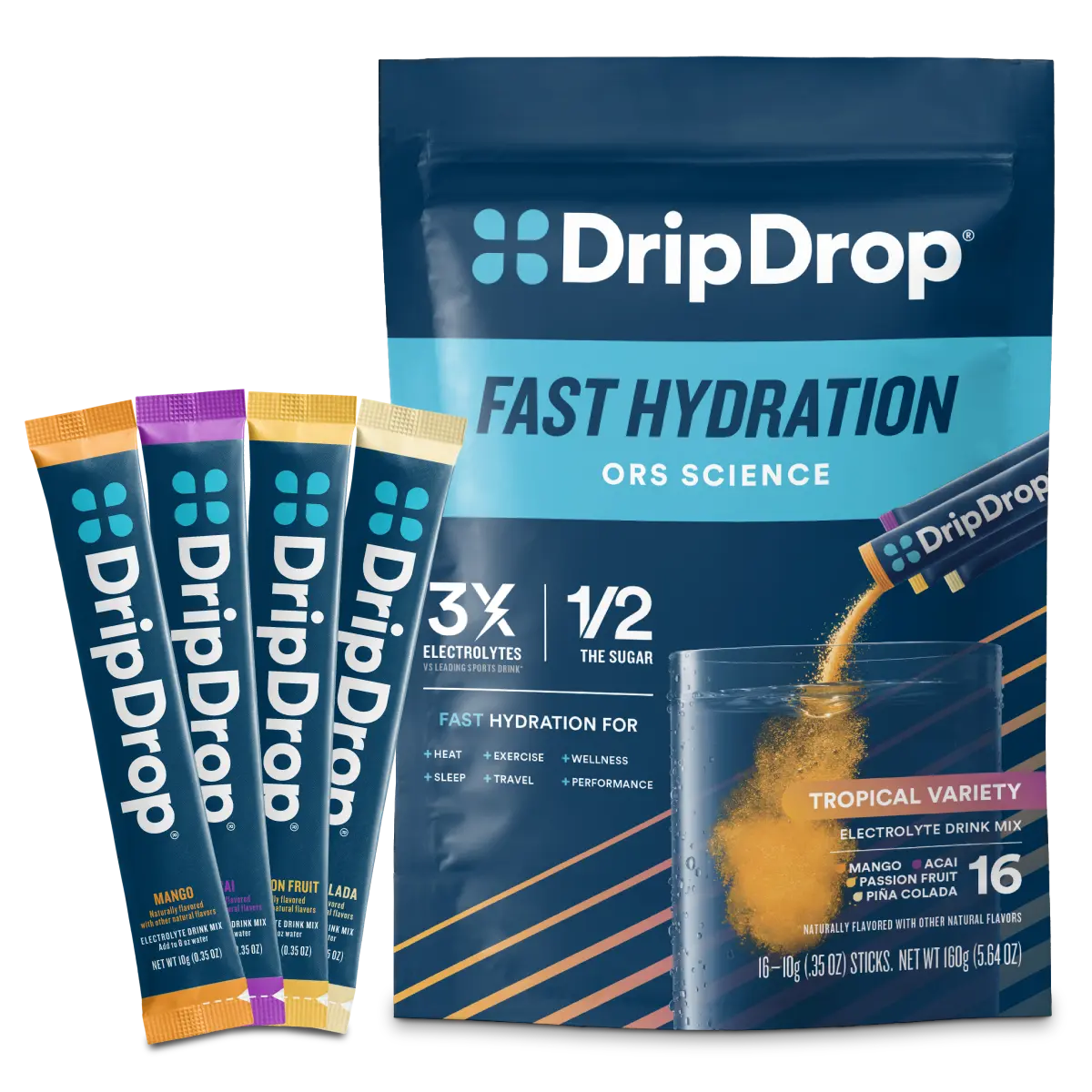 DripDrop Tropical Variety Pack Electrolyte Powder, 8 oz sticks, 16 count DripDrop Tropical Variety Pack Electrolyte Powder, 8 oz sticks, 16 count