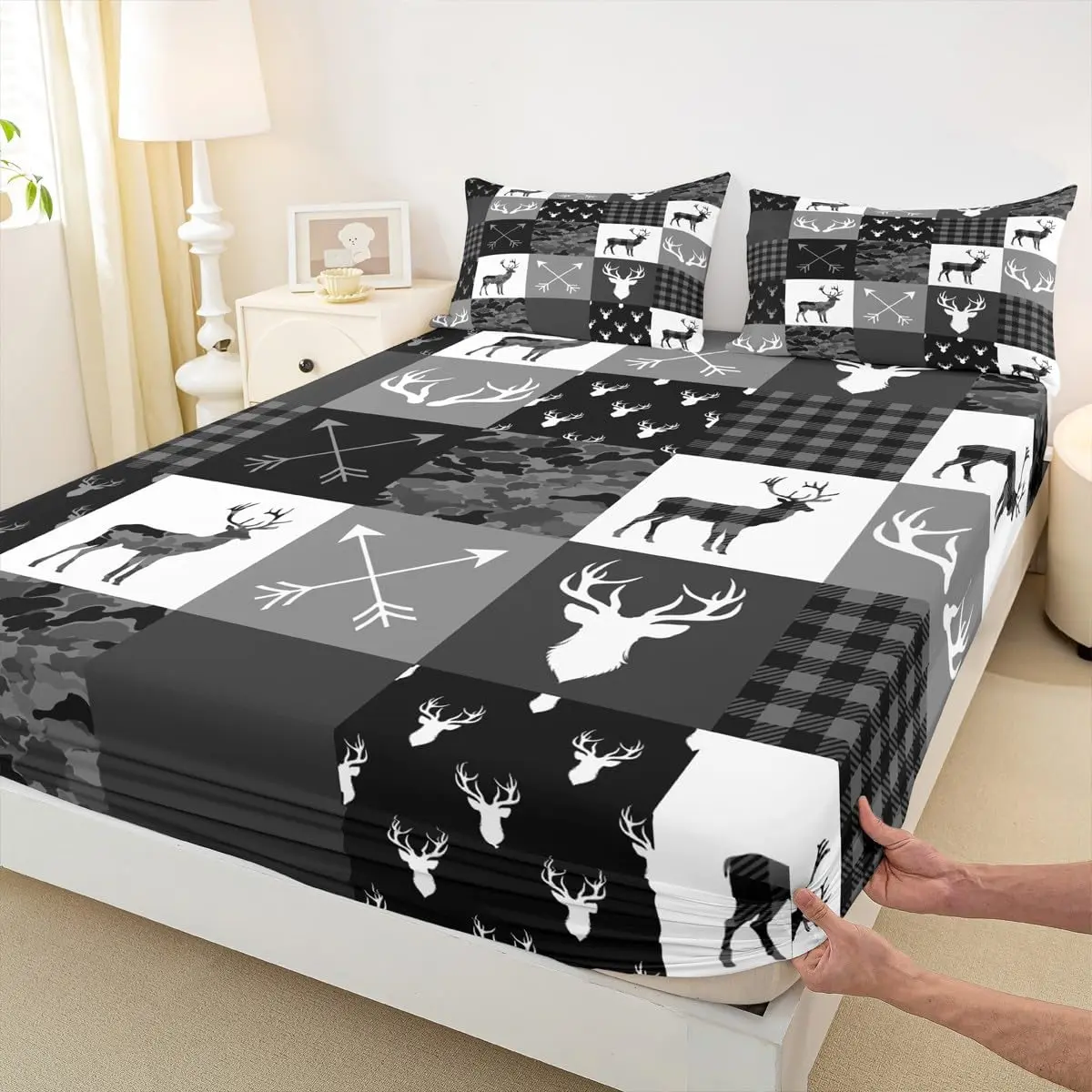 Deer Silhouette Fitted Sheet,Antlers Arrow Pattern Bed Cover Stripes Gird Camouflage Bedding Set Room Decor,Soft Black White Grey Bed Sheets