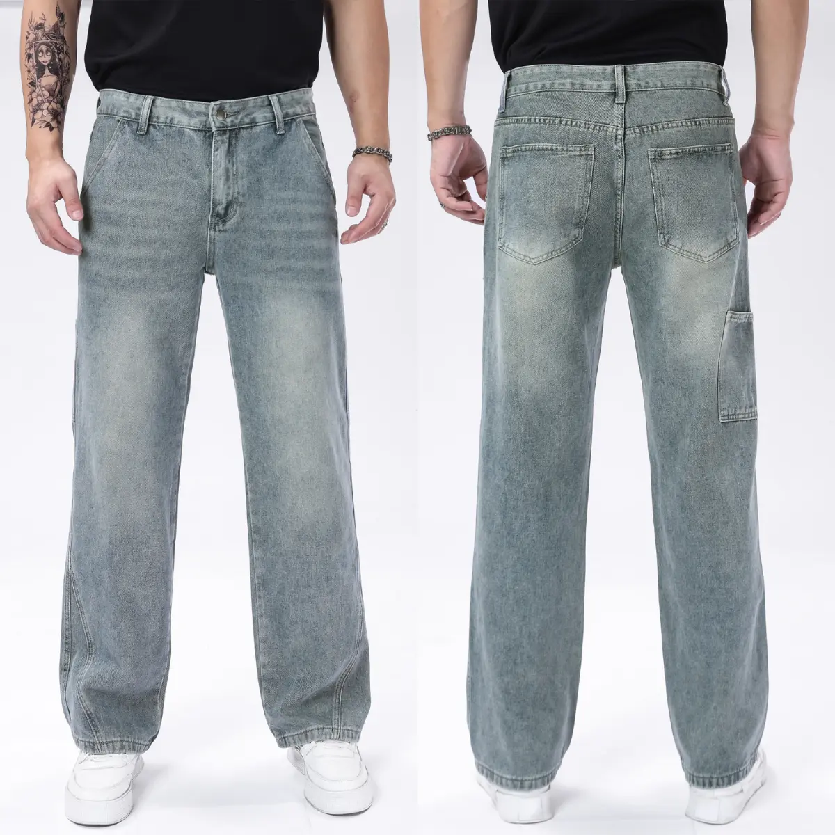 Men's Vintage Washed Denim Jeans - Retro Style Straight Leg Casual Pants with Diagonal Pockets for Streetwear, Stylish, Classic, Chic, Basics, Athletic