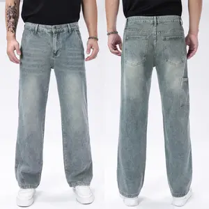 Men's vintage washed style straight leg jeans with diagonal pocket mouth design on the back pockets suitable for all seasons