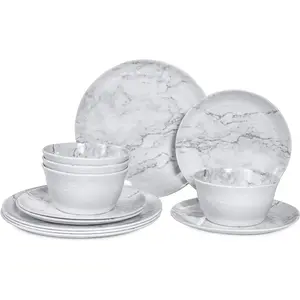 12-Piece Dinnerware Sets, White Round Dish Set for 4 - Serving and Sets for Snack, Dessert, Salad, Soup, Pasta - White Marble Pattern