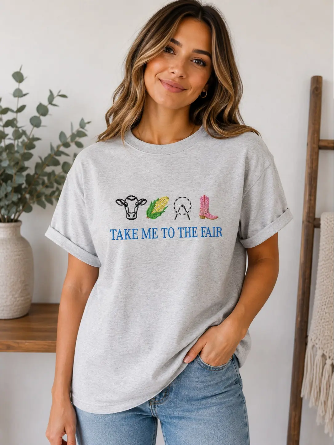 Women's Casual Cotton Round Neck Shortsleeve Tshirt - Custom "Take Me to the Fair" Embroidered Gildan Crewneck Pullover Garment