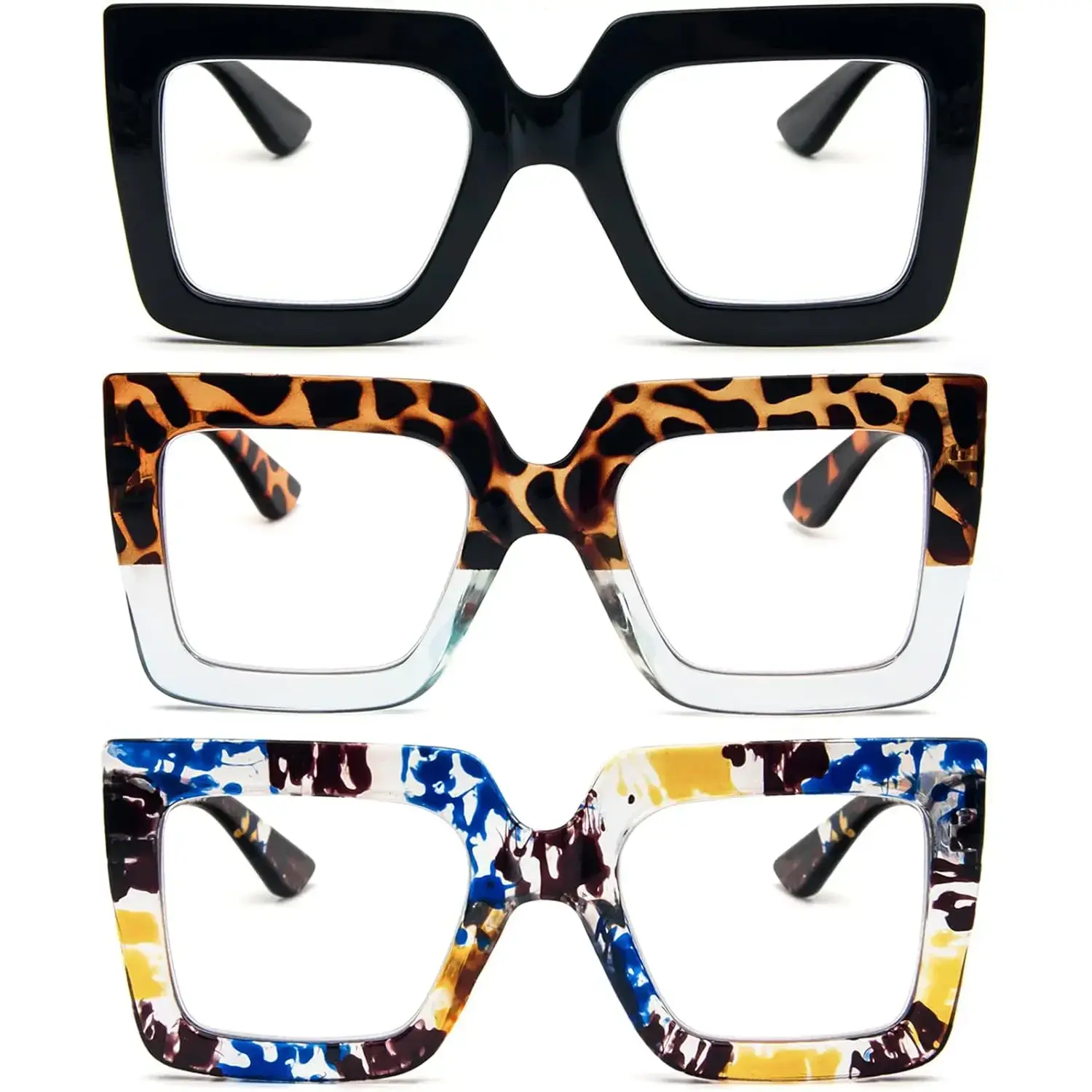 Women's 3-Pack Oversized Square Reading Glasses - Thick Frame, Blue Light Blocking, High Quality Eyewear, Square Frame Eyeglasses