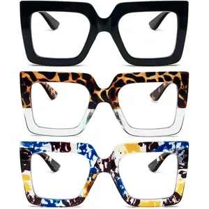 3 Pack Oversized Reading Glasses for Women Large Frame Extra Wide, Blue Light Blocking Stylish Thick Square Readers