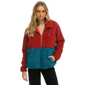 TEDDY UNISEX HALF ZIP COLOR BLOCK JACKET - CHERRY