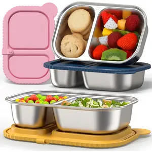 3 Pack Stainless Steel Snack Containers with  , Meal Prep Containers,  2 Compartment  Storage Containers, Stainless Steel Box for Lunch, Office, Travel
