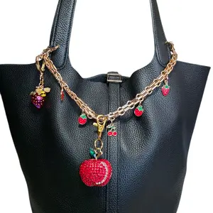 Strawberry & Apple Charm Chain for Shoulder Work and Purses Bag Accessory Set Gold Tone with Fruit Charms