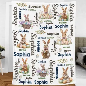 Petthouse | Customized Happy Easter Bunny Blanket, Bunny Egg Flower Blanket Throw, Baby Name Blanket, Birthday Gift Kid