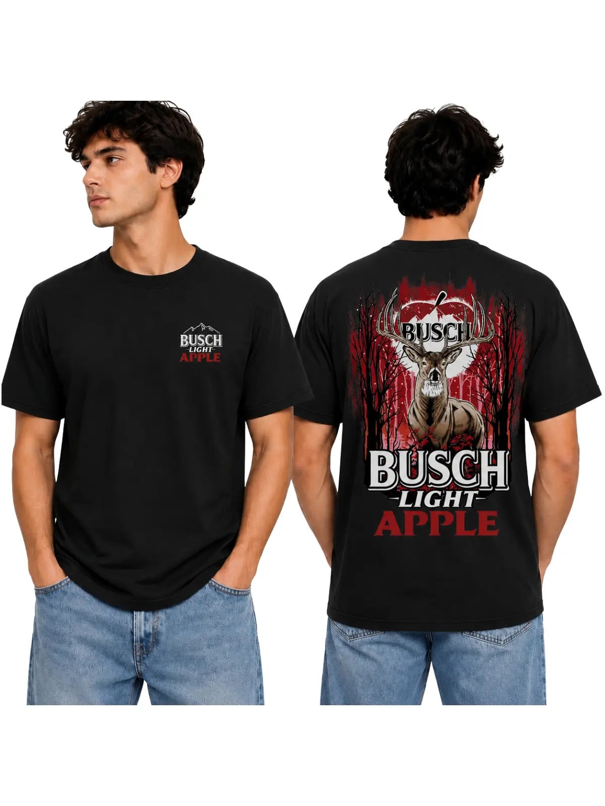 Busch Light Apple Deer Forest Graphic T-Shirt, Vintage Red Moon Buck Design, Retro Outdoor Hunting Print Unisex Black Tee, Trending Fall Camping Lover Shirt for Men Women, Perfect Gift For Outdoor Fans