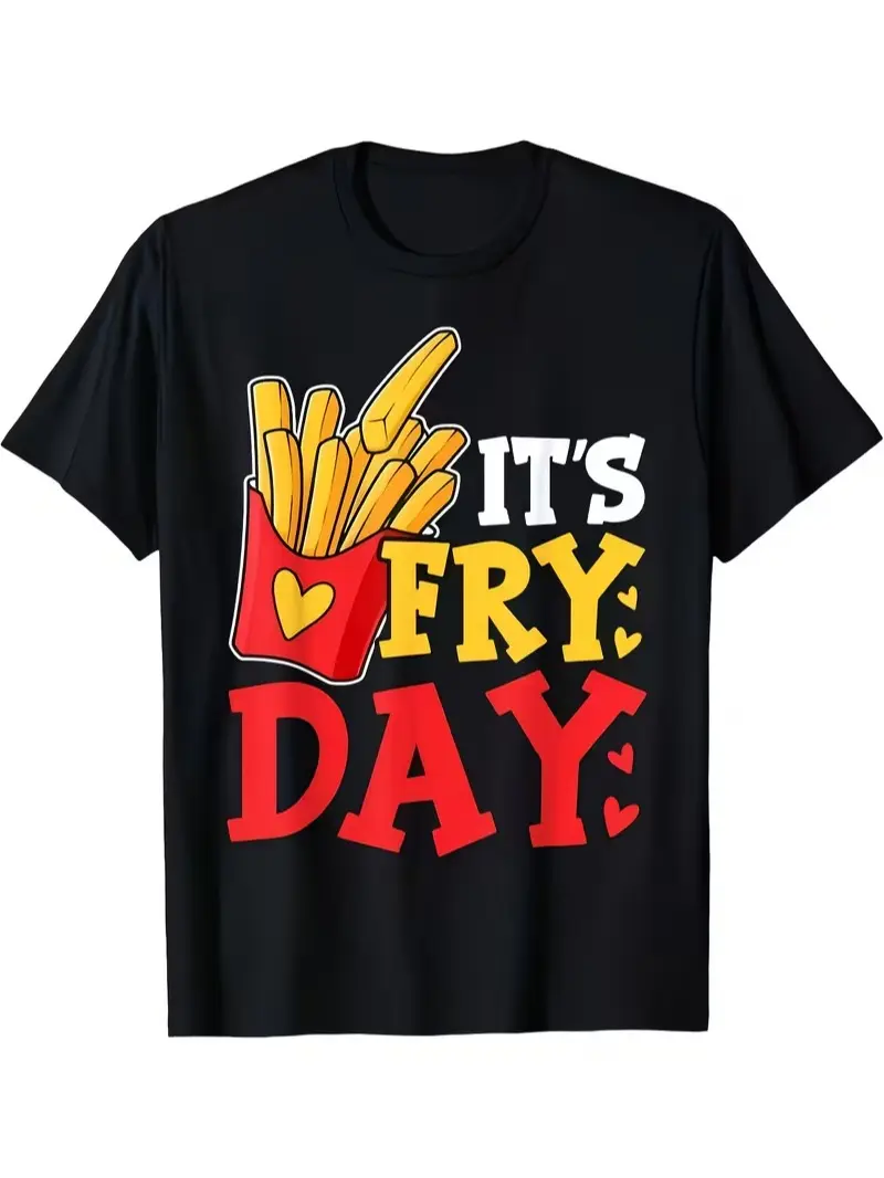 Men's Funny French Fries Graphic TShirt Happy FriesDay It's Fry Day Design with Fries Heart Fries Print Sm Black Casual Loose Fit Round Neck Tee for Friday Outfits HumoRetro Casual Crew Neck Printed T-Shirt