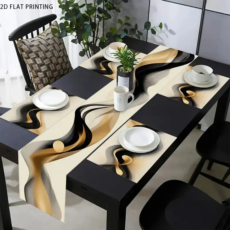 2D flat printing, 1/4/7 pieces set, abstract wave art pattern table flag, placemat, Dining table mats, coasters set, dining and kitchen tabletop decoration, suitable for seasonal celebrations, daily meals and family parties