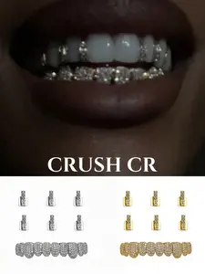 CRUSH CR Iced Out Full Mouth Grillz and CZ-Encrusted Single Tooth Charms 18K Gold Plated in Gold and Silver Options Perfect for Hip Hop Concerts Club Nights Streetwear Flex Fits Ideal for Rappers and Trendsetters Looking to Make a Bold Sparkly Statement