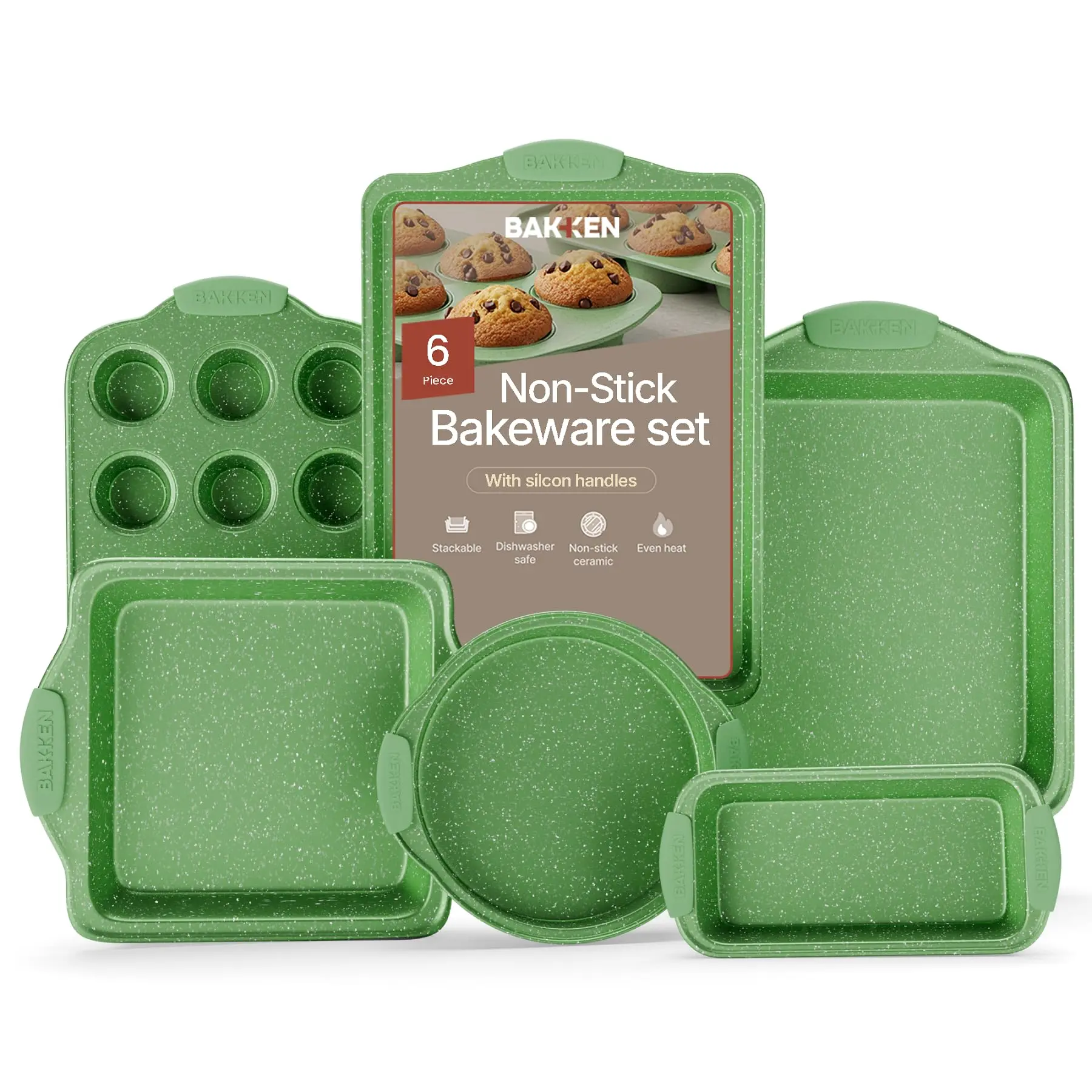 BAKKEN Kitchen Baking Pan Set - Nonstick Green Marble Coating, Carbon Steel Bakeware Sets with Green Silicone Handles, Kitchen Essentials, PFOA, PFOS, PTFE Free, Oven Safe (Up To 450° F), Set of 6