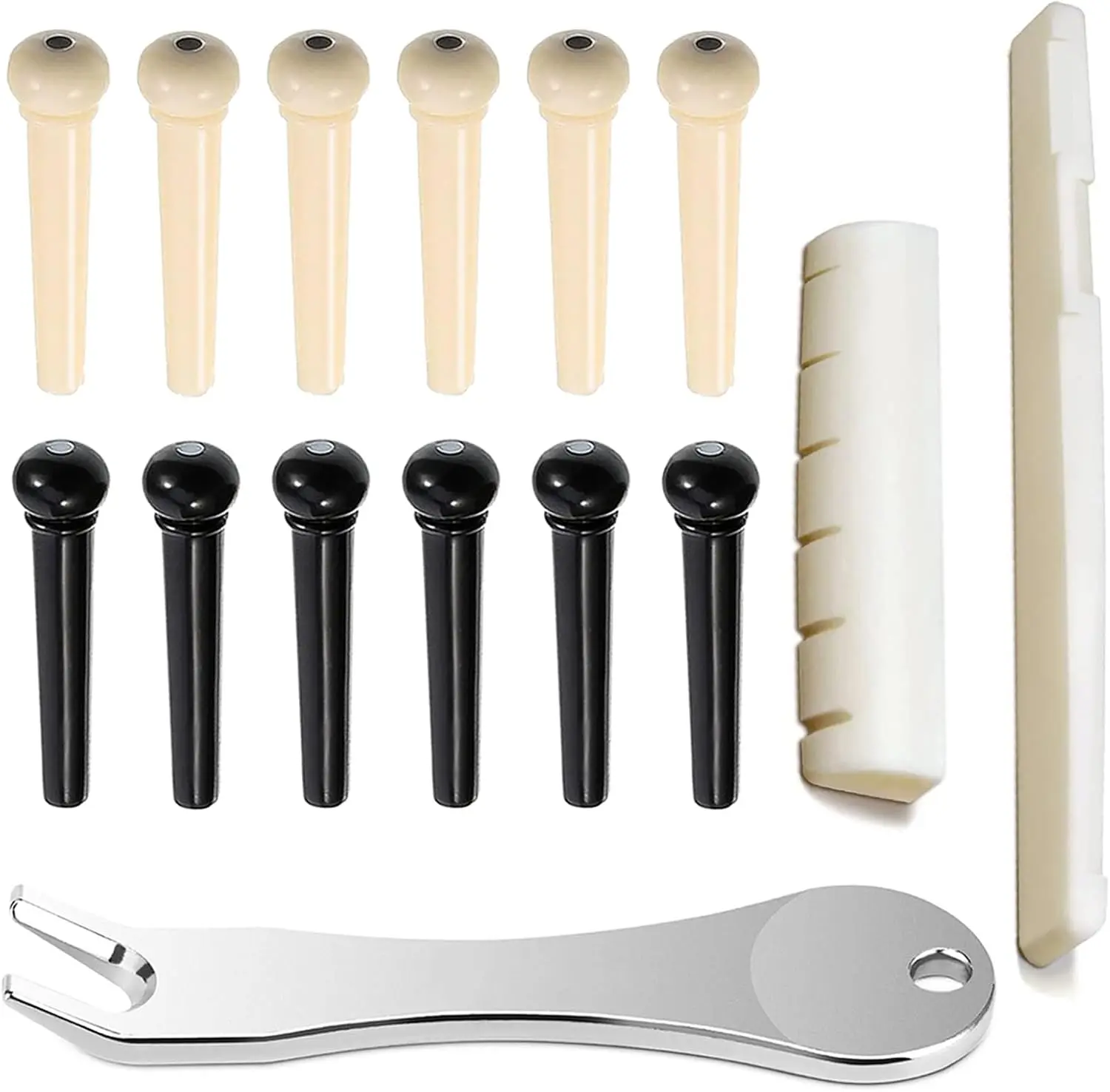 Acoustic Guitar Bridge Pins Set for Adults - 14pcs Synthetic All-Seasons Kit, Includes 3-in-1 Puller, Saddle Nut, Adult