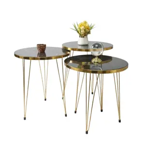 Modern Nesting Coffee Table Set of 3 – Luxury Marble Style Wooden Side Tables with Gold Metal Legs for Living Room Decor